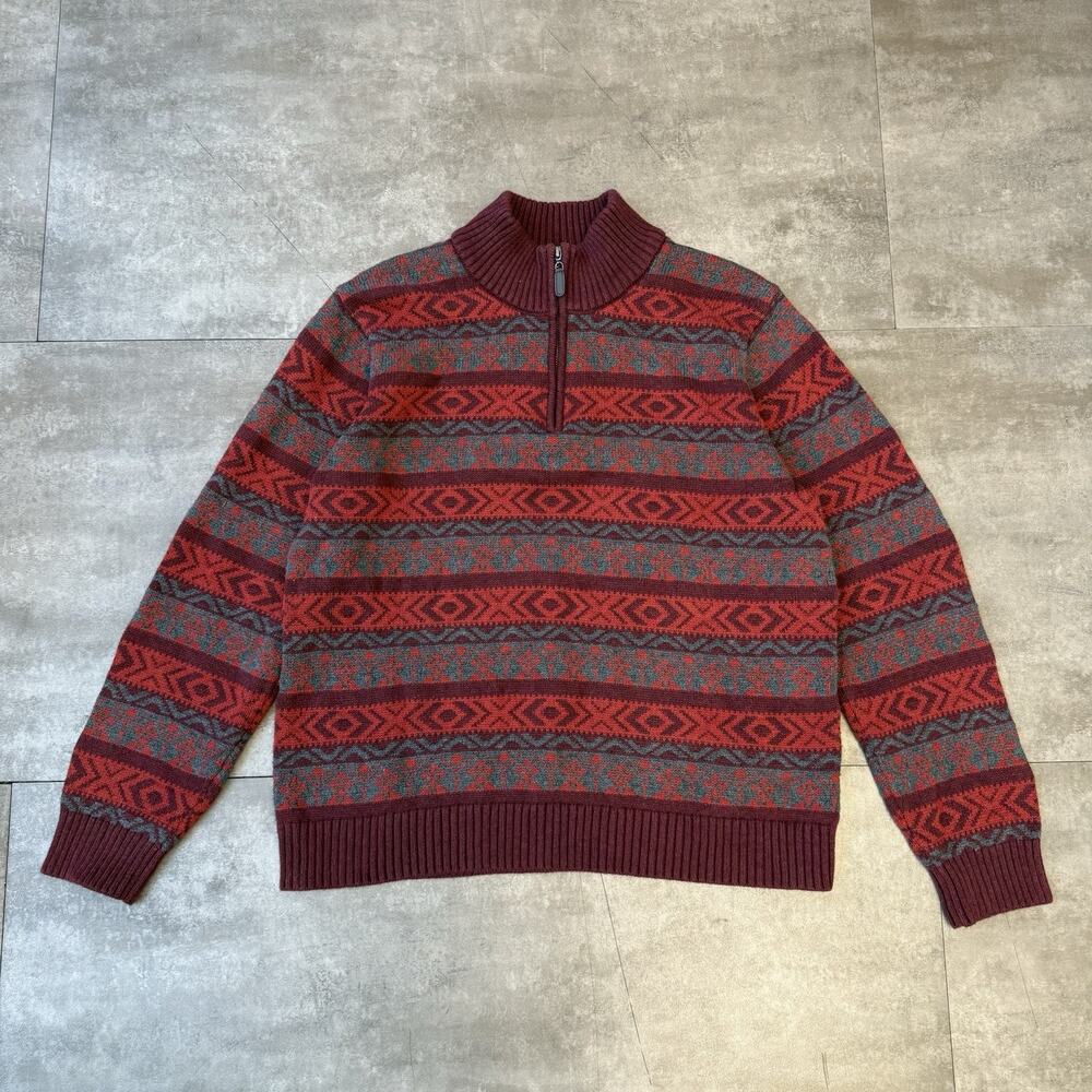 LL Bean 1/4 Zip Sweater Mens L Fair Isle Nordic Aztec Ski Birdseye 100% Cotton